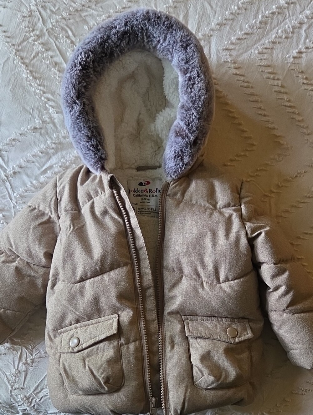 Padded Tan Toddler Jacket with Faux Fur Hood